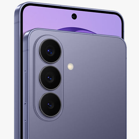 Purple smartphone showing back and side view on a white background